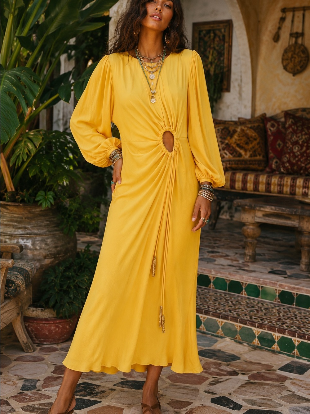 Farm Rio Yellow Cutout Midi Dress Beaded Tassel Long Sleeve NWT Sz S